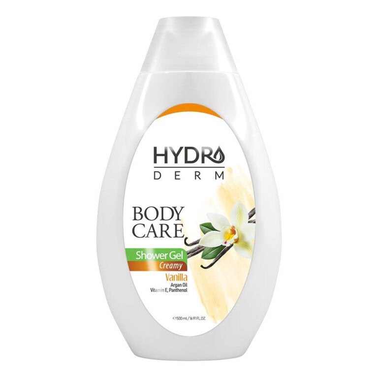 بازیگر لوسیون بدن هیدرودرم با رایحه وانیل و عصاره بادام، مرطوب کننده و نرم‌کننده پوست، مناسب استفاده روزانه، با فرمول غنی از ویتامین E، اوسرین و پارافینول، حجم 500 میلی‌لیتر.