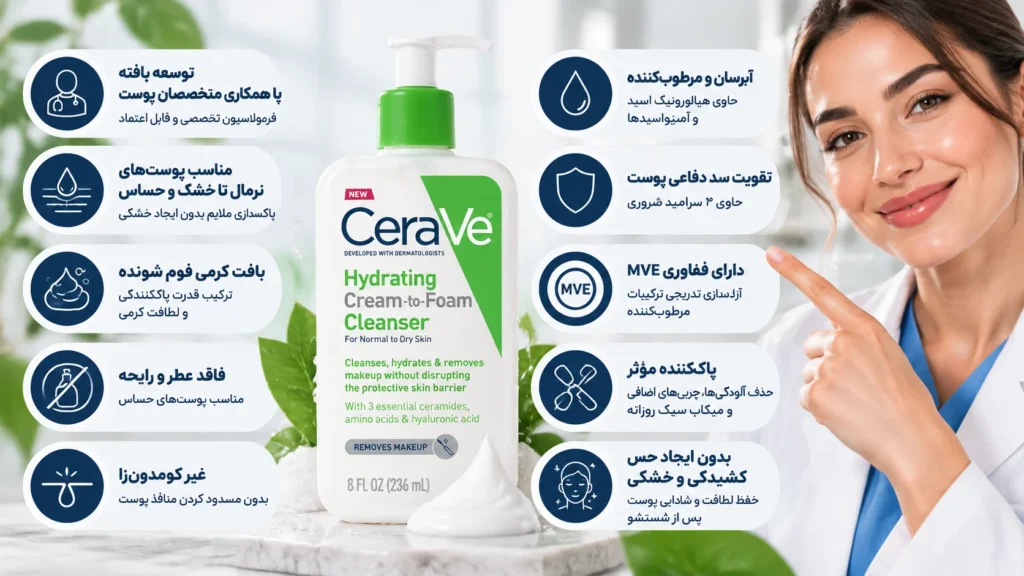 شوینده کرم به فوم آبرسان سراوی CeraVe Hydrating Cream-to-Foam Cleanser مناسب پوست نرمال تا خشک حجم 236 میل