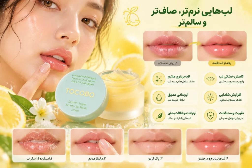 ماسک اسکراب لب لیمو شکر توکوبو TOCOBO Lemon Sugar Scrub Lip Mask حجم ۲۰ میلی‌لیتر