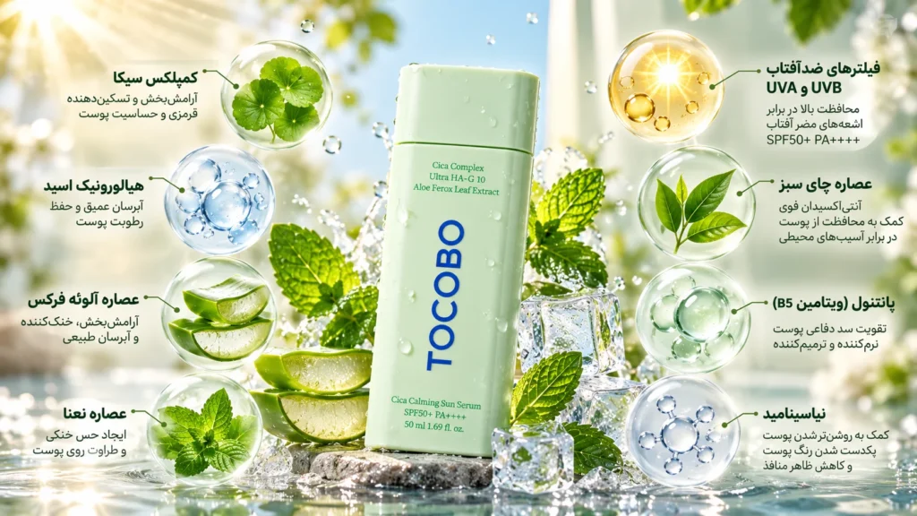سرم ضد آفتاب بدون رنگ توکوبو Cica Calming SPF50+ PA++++ حجم 50 میلی‌لیتر؛ محافظت، آبرسانی و آرامش پوست در برابر آفتاب