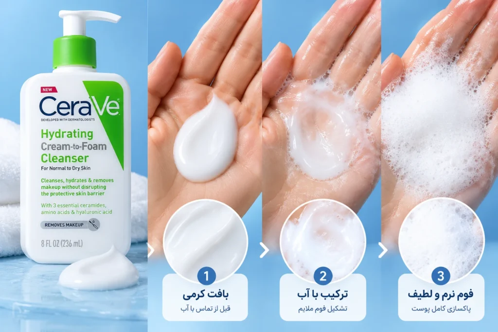 شوینده کرم به فوم آبرسان سراوی CeraVe Hydrating Cream-to-Foam Cleanser مناسب پوست نرمال تا خشک حجم 236 میل
