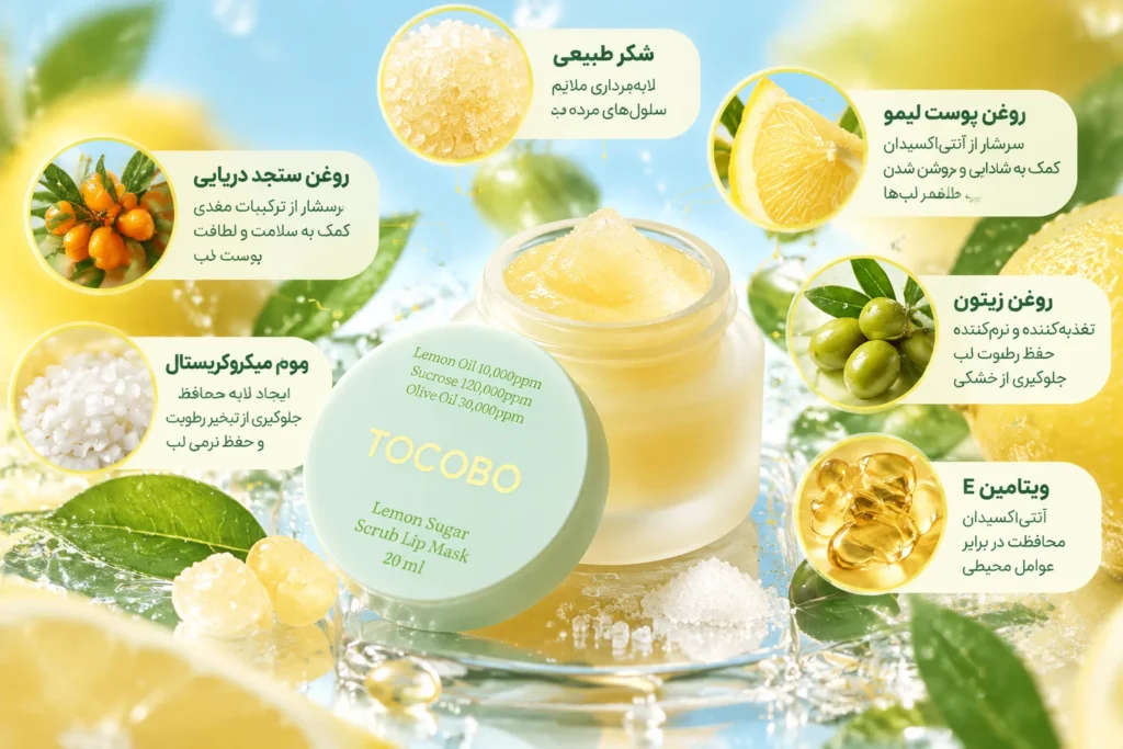 ماسک اسکراب لب لیمو شکر توکوبو TOCOBO Lemon Sugar Scrub Lip Mask حجم ۲۰ میلی‌لیتر