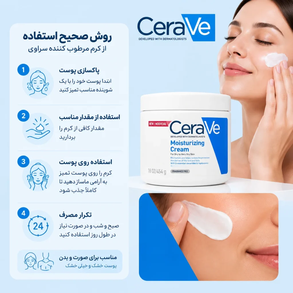 کرم مرطوب کننده و آبرسان سراوی پوست خشک و خیلی خشک CeraVe Moisturizing Cream حجم 340 گرم؛ آبرسانی عمیق و تقویت سد دفاعی پوست