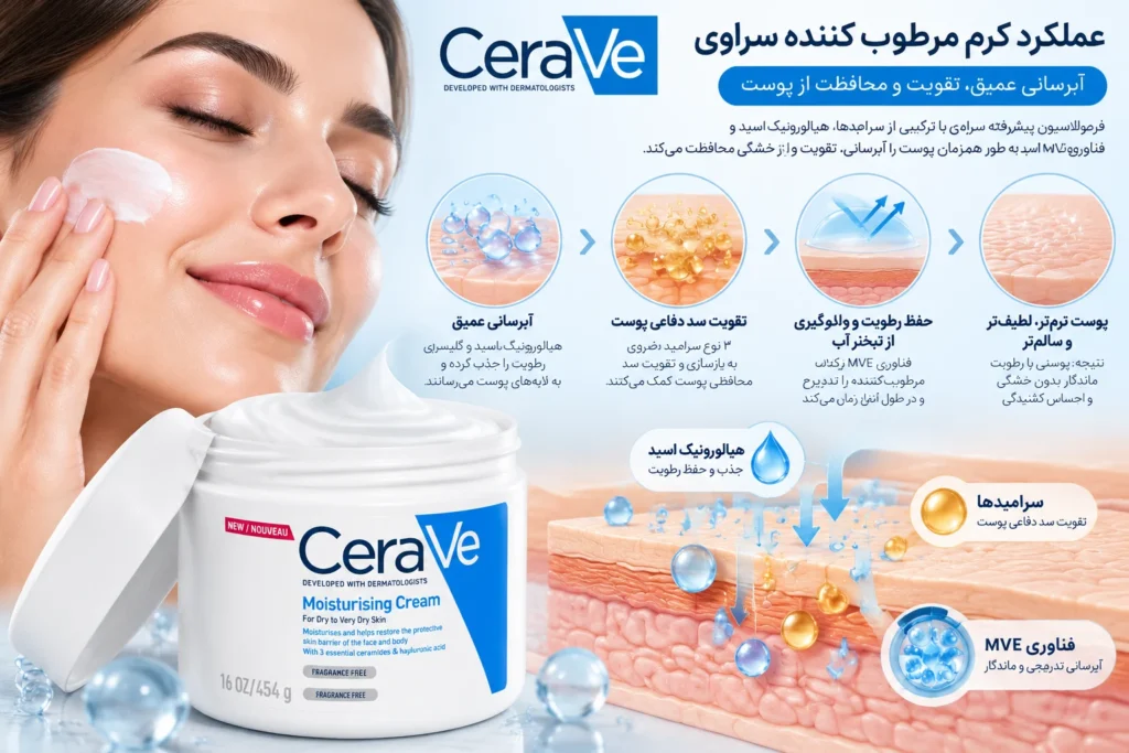 کرم مرطوب کننده و آبرسان سراوی پوست خشک و خیلی خشک CeraVe Moisturizing Cream حجم 454 گرم؛ آبرسانی عمیق و تقویت سد دفاعی پوست