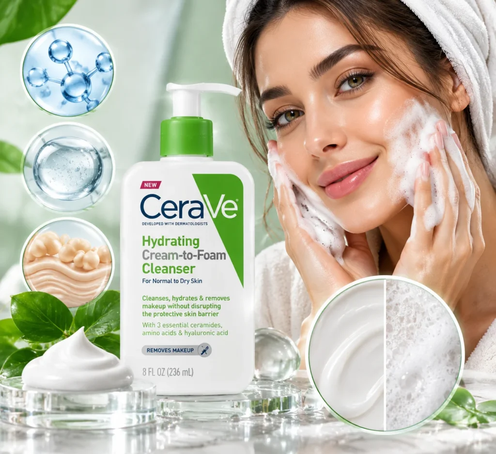 شوینده کرم به فوم آبرسان سراوی CeraVe Hydrating Cream-to-Foam Cleanser مناسب پوست نرمال تا خشک حجم 236 میل