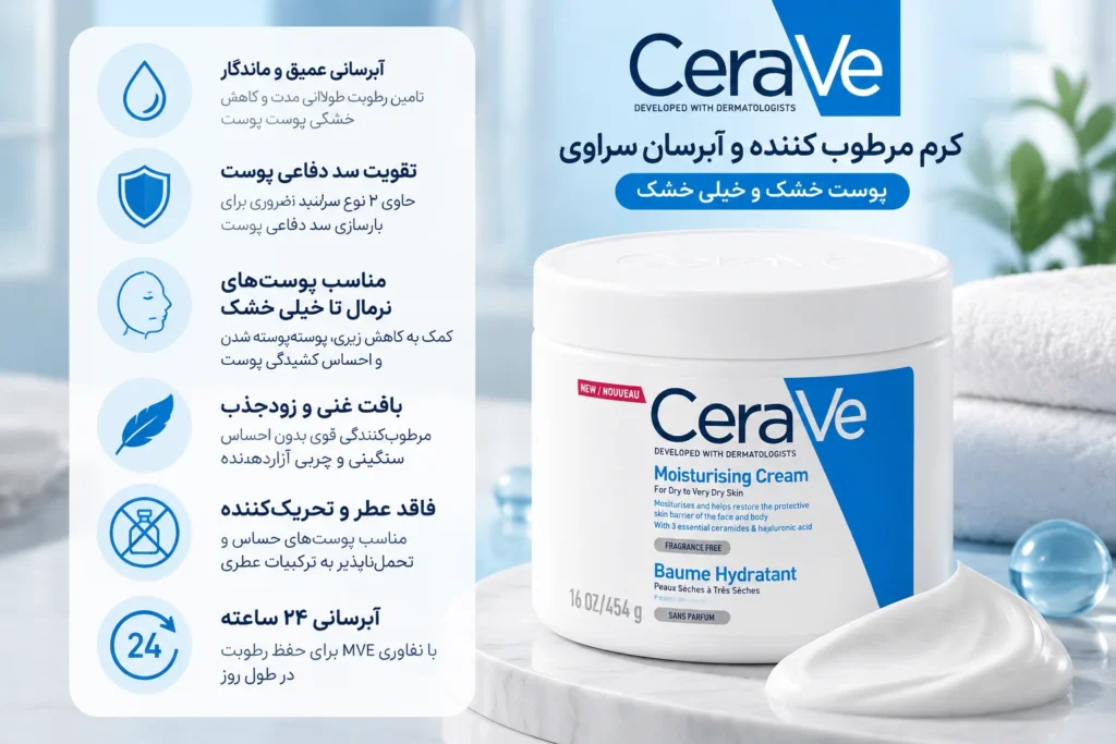 کرم مرطوب کننده و آبرسان سراوی پوست خشک و خیلی خشک CeraVe Moisturizing Cream حجم 454 گرم؛ آبرسانی عمیق و تقویت سد دفاعی پوست
