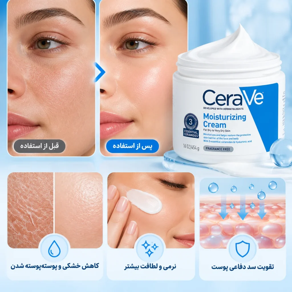 کرم مرطوب کننده و آبرسان سراوی پوست خشک و خیلی خشک CeraVe Moisturizing Cream حجم 340 گرم؛ آبرسانی عمیق و تقویت سد دفاعی پوست