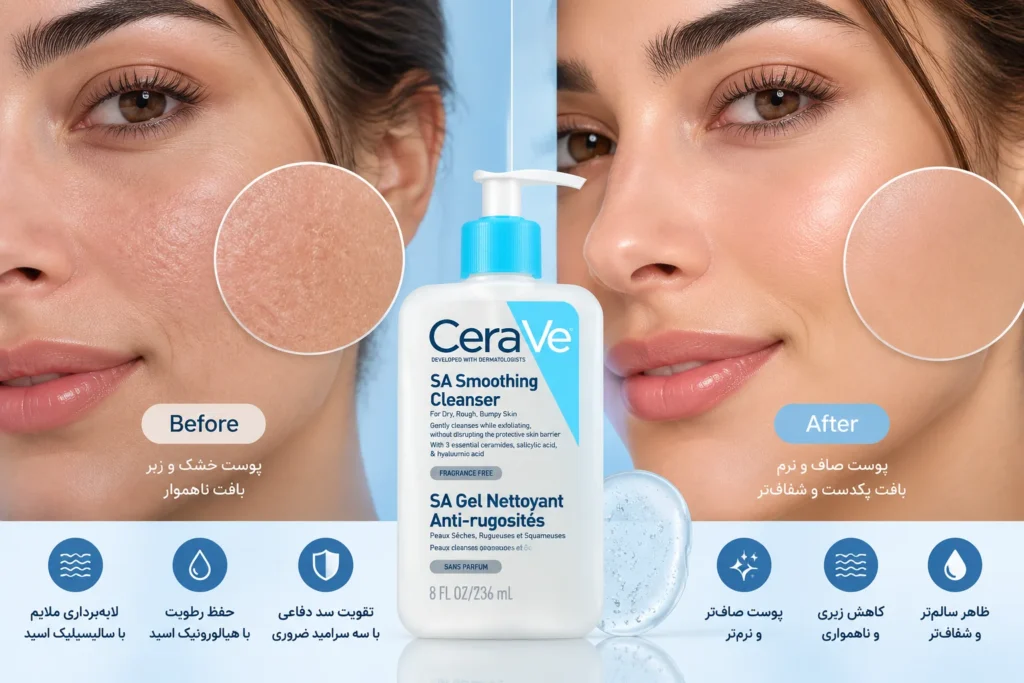 ژل شستشوی سراوی CeraVe SA Smoothing Cleanser حجم 236 صاف‌کننده و نرم‌کننده پوست زبر و خشک