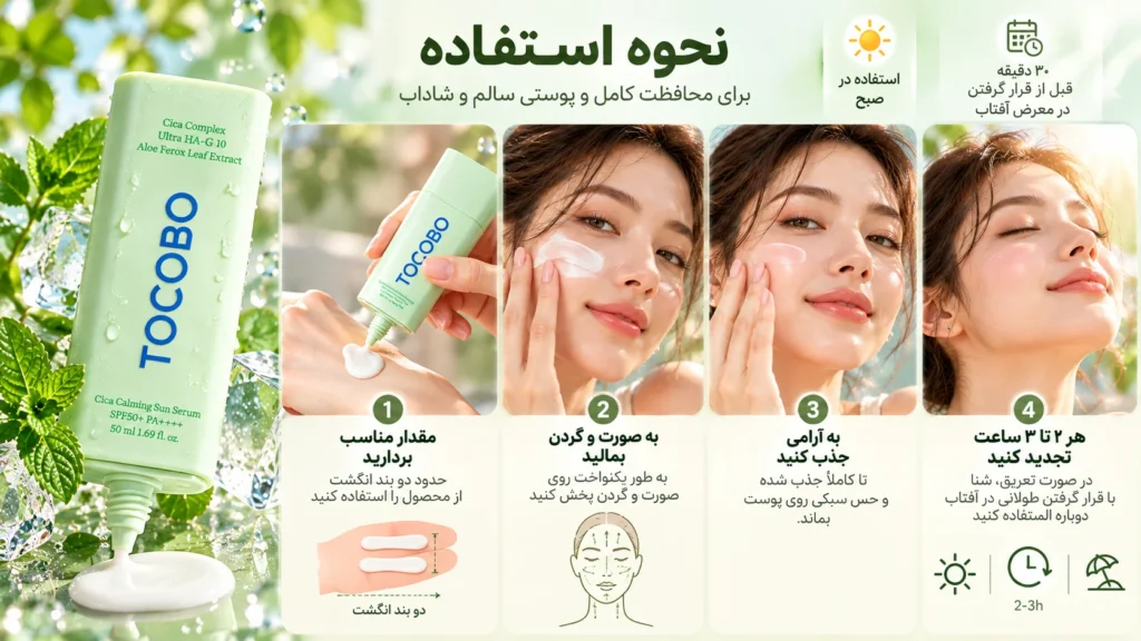 سرم ضد آفتاب بدون رنگ توکوبو Cica Calming SPF50+ PA++++ حجم 50 میلی‌لیتر؛ محافظت، آبرسانی و آرامش پوست در برابر آفتاب