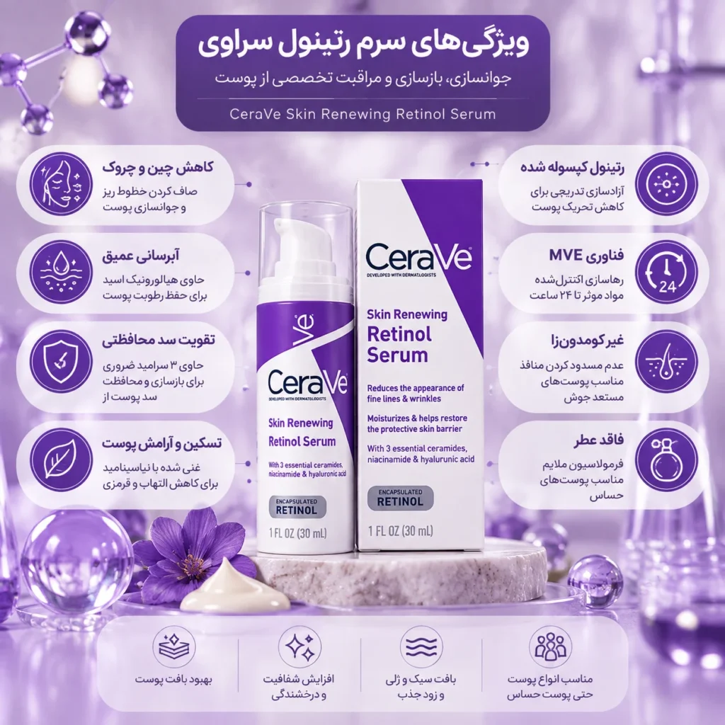 سرم رتینول ضد چروک و جوانساز سراوی CeraVe Skin Renewing Retinol Serum حجم ۳۰ میل