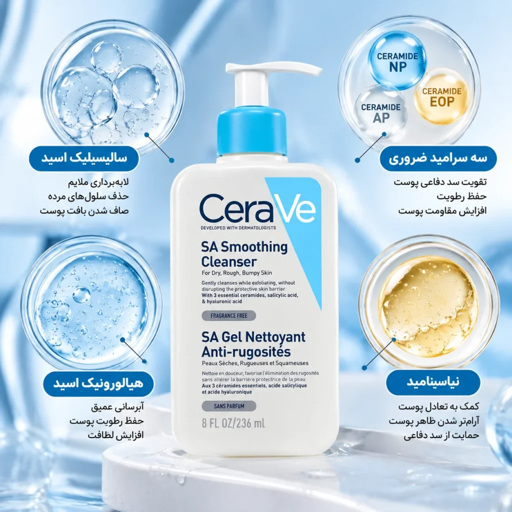 ژل شستشوی سراوی CeraVe SA Smoothing Cleanser حجم 236 صاف‌کننده و نرم‌کننده پوست زبر و خشک