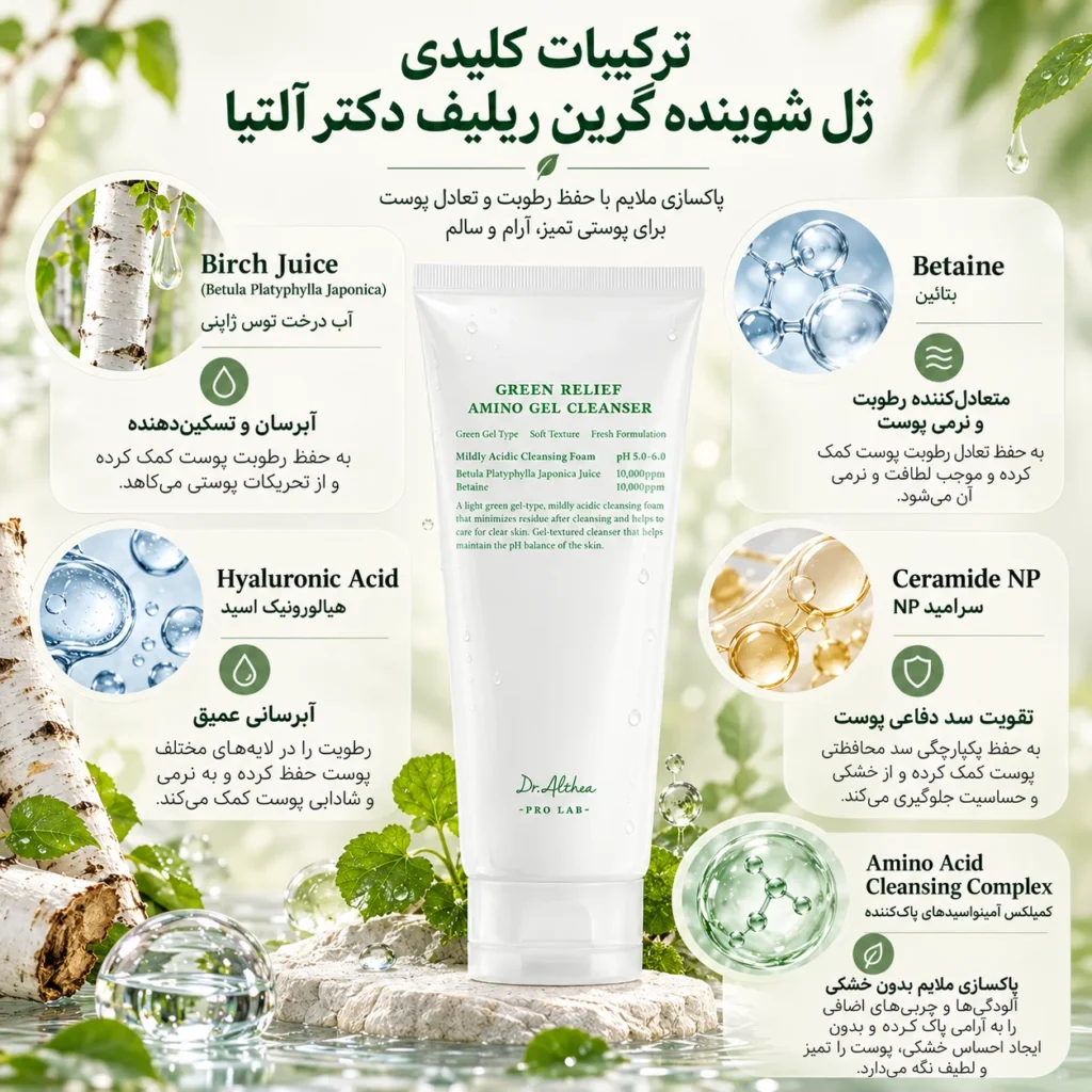 ژل شوینده احیاکننده آمینو گرین ریلیف دکتر آلتیا green relief amino