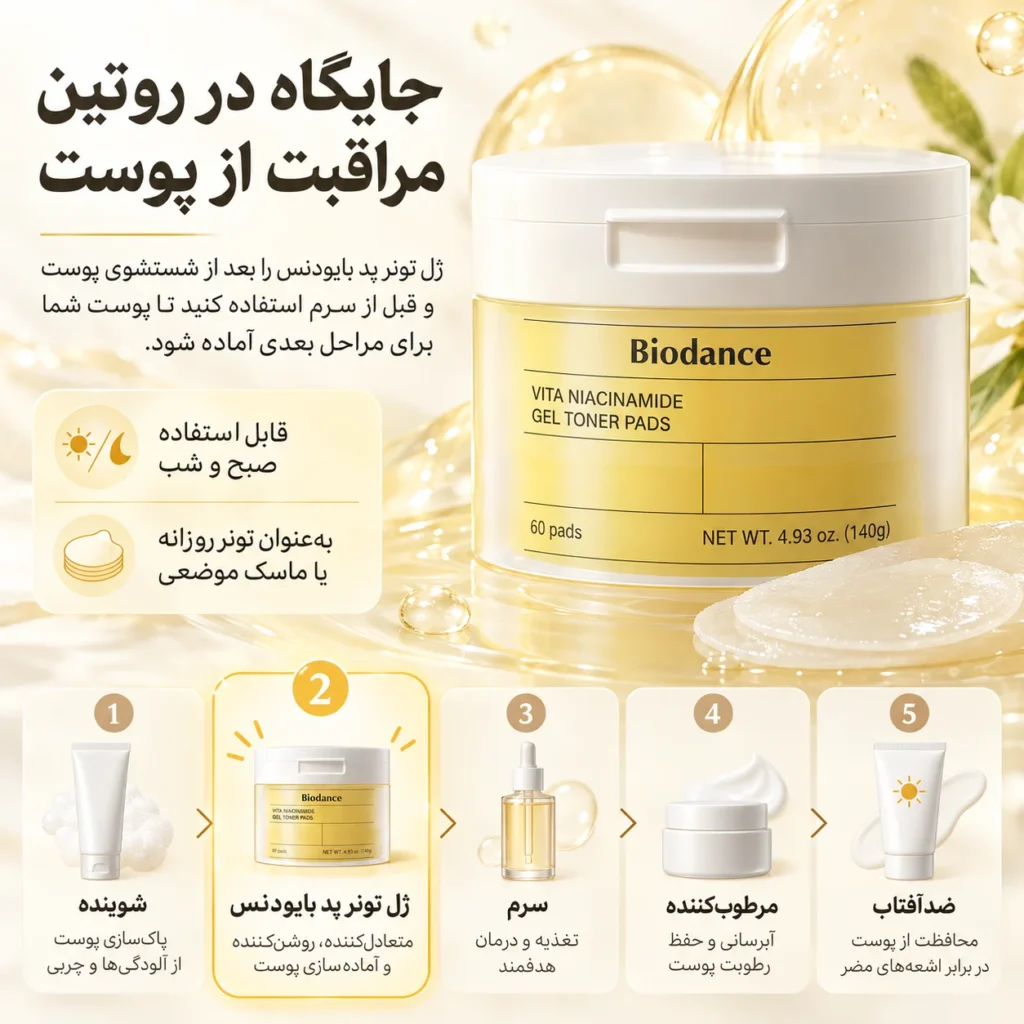 ژل تونر پد ویتا نیاسینامید ضد لک و روشن‌کننده بایودنس ۶۰ عددی | Biodance Vita Niacinamide Gel Toner Pads