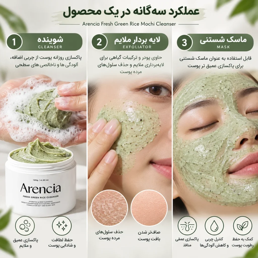 پاک کننده عمقی موچی برنج و چای سبز آرنسیا 120 گرم | Arencia Fresh Green Rice Mochi Cleanser