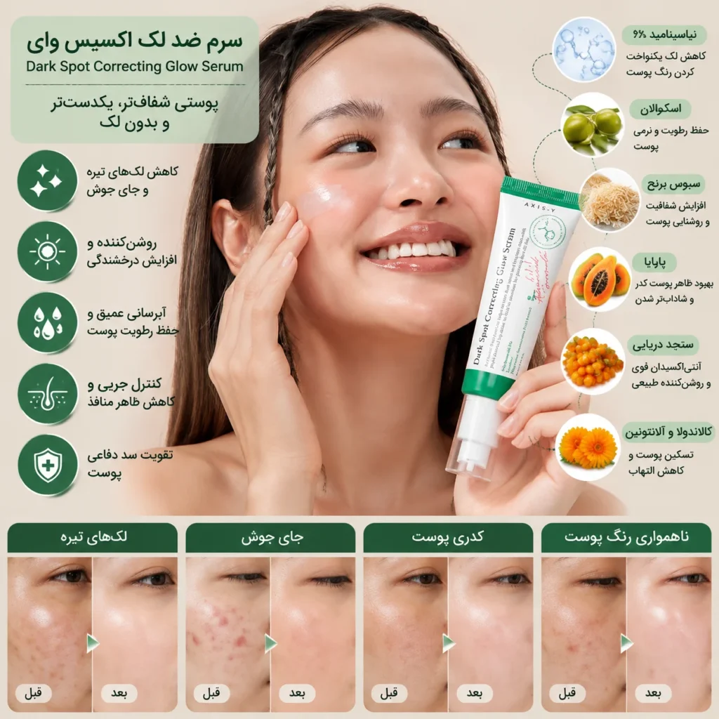 سرم ضد لک اکسیس وای Dark Spot Correcting Glow Serum حجم 50 میلی‌لیتر؛ بررسی کامل ترکیبات، عملکرد و تاثیر روی لک پوست