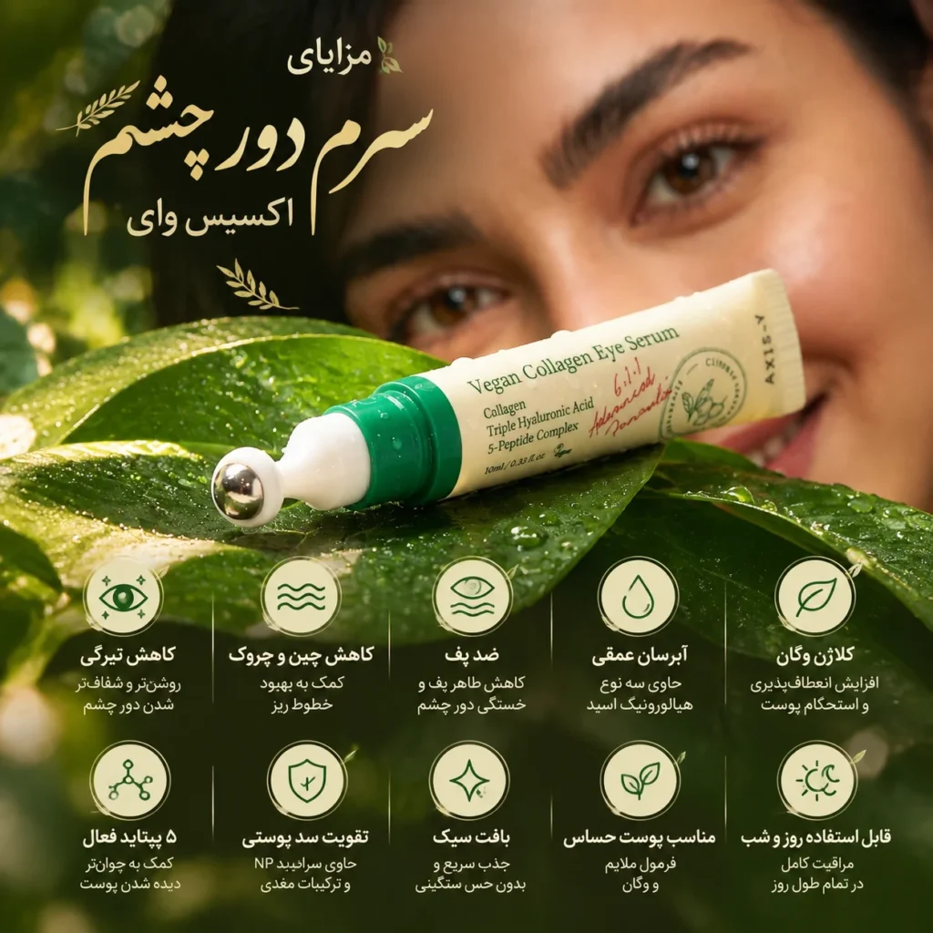 سرم دور چشم کلاژن وگان اکسیس وای AXIS-Y Vegan Collagen Eye Serum حجم ۱۰ میلی‌لیتر؛ مراقبت چندمنظوره برای جوان‌تر دیده شدن پوست دور چشم